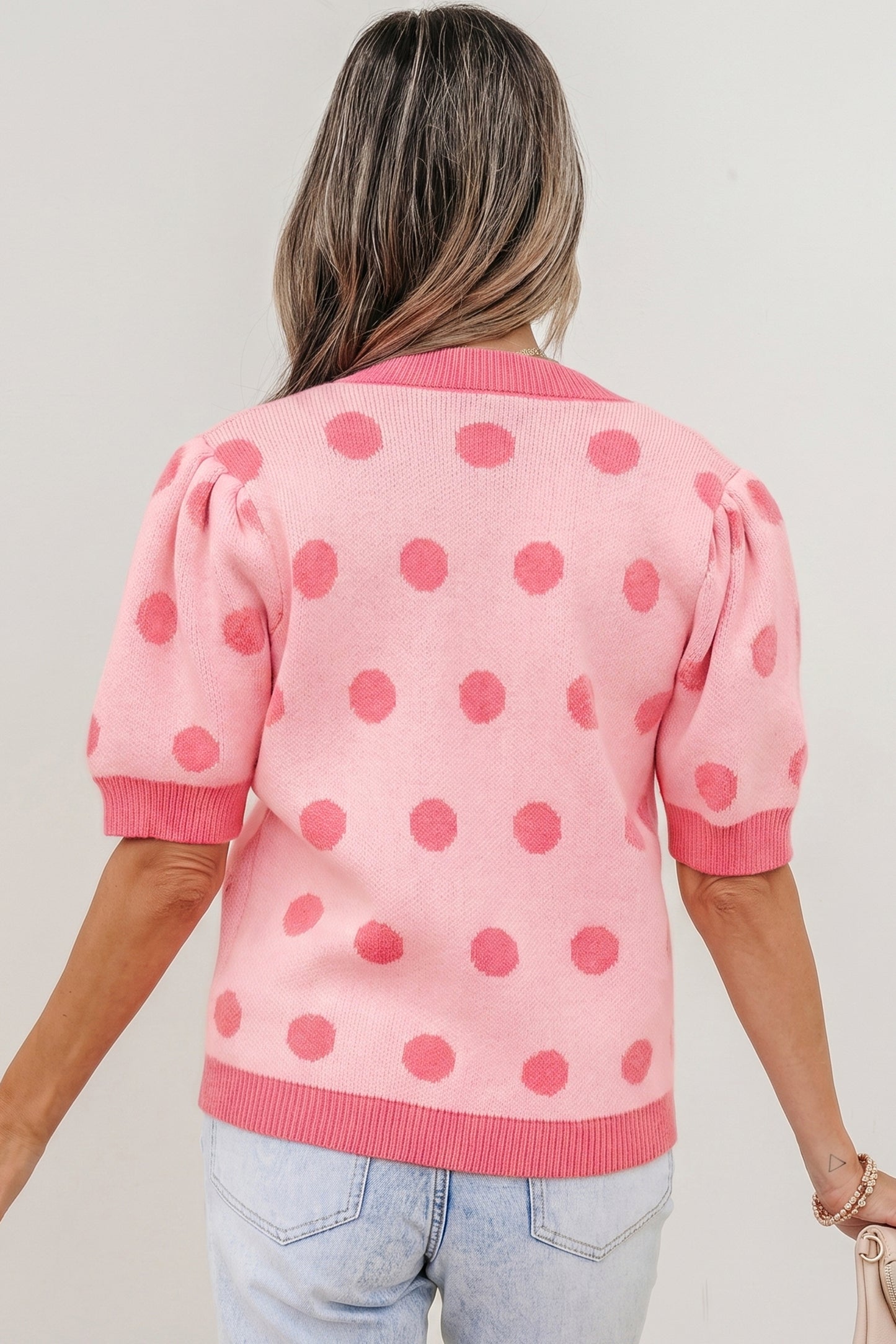 Pink Polka Dot Puff Short Sleeve Sweater Top