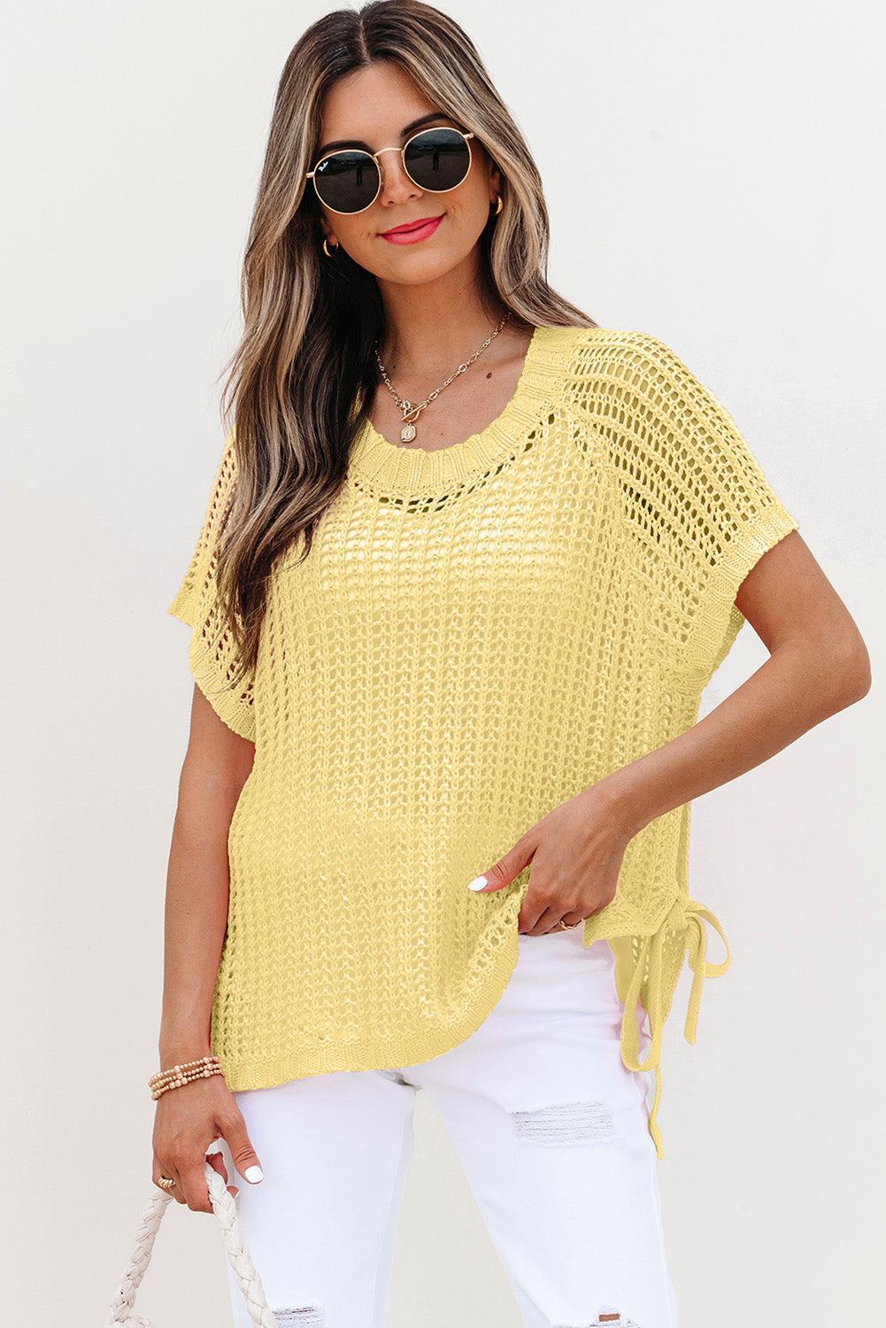 Pink Hollow-out Crochet Side Tied Short Sleeve Sweater