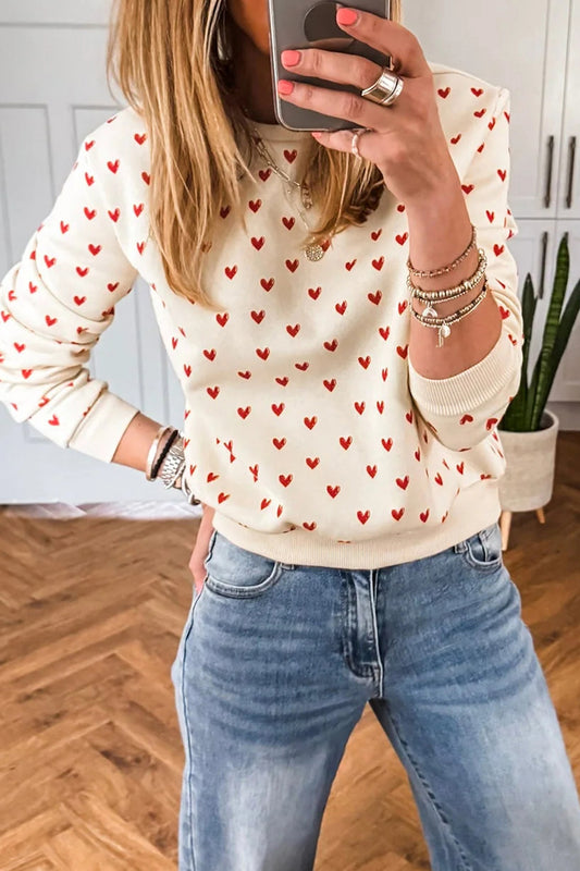 Beige Heart Print Round Neck Long Sleeve Regular Fit Sweatshirt